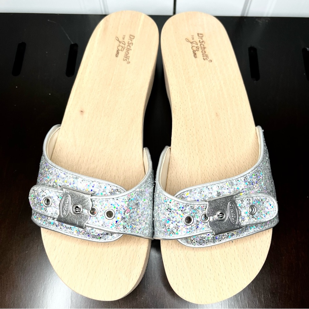J Crew & Dr Scholls Silver Sandals with Glittery Straps and Flat Sole Clog - Picture 4 of 11